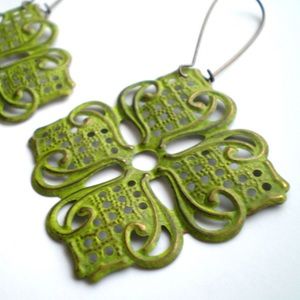 Citrus Green Hand Painted Lotus Filigree Earrings